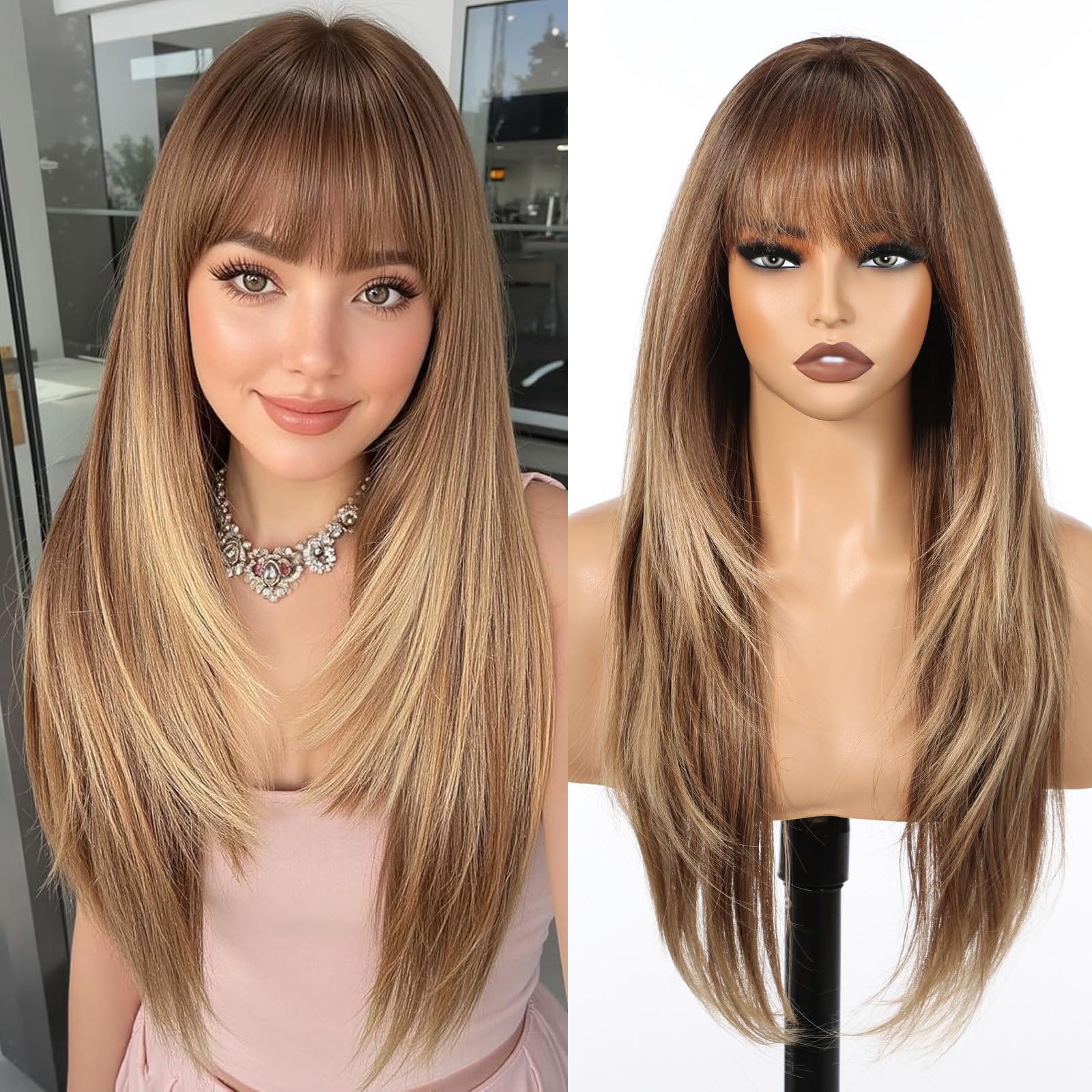 Photo 1 of HAIRCUBE Long Straight Wigs for Women Layered Synthetic Wig with Bangs Brown Color for Daily
