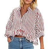 Cicy Bell Womens Cropped Striped Button Down Shirts Ruffle 3/4 Length Sleeve Summer Tops Dressy Casual Blouses