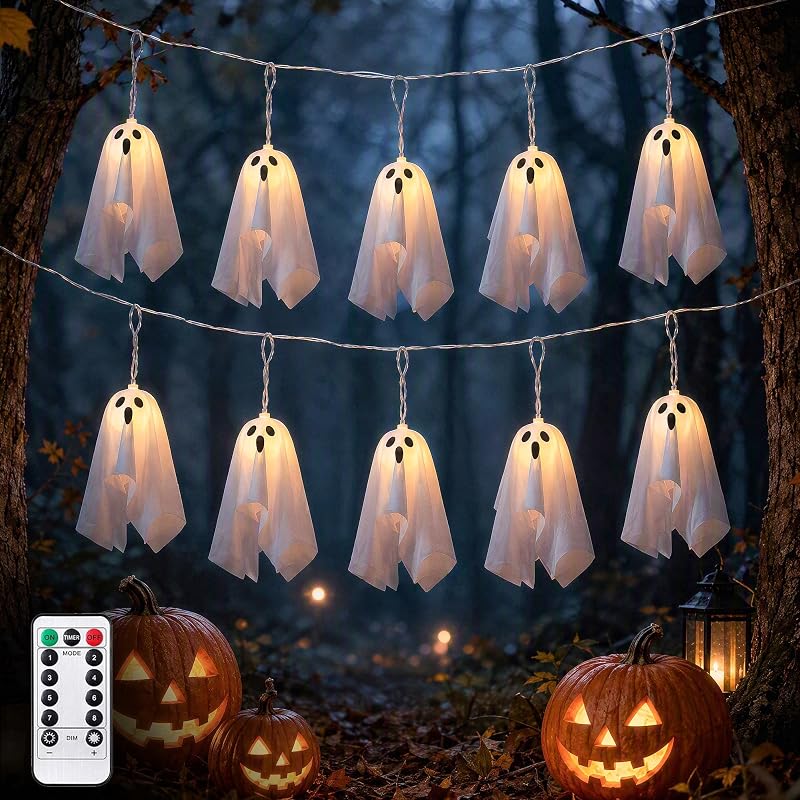Fantôme à Suspendre Halloween, 2.75M Guirlande Lumineuse Fantôme Décoration Halloween à 8 Modes, avec Télécommande et Minuteur, Deco d'halloween à Suspendre Extèrieur à Piles pour Fête, Patio — photo 1 sur 8