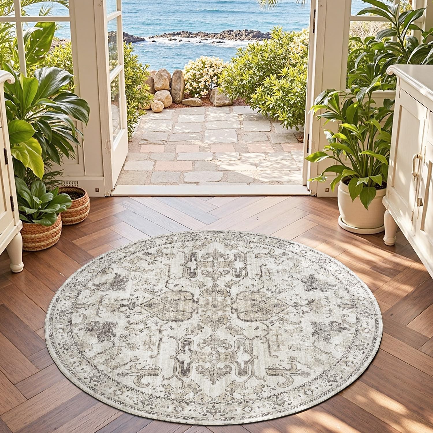 Photo 1 of jinchan Round Rug 4ft Area Rug Indoor Vintage Floral Circle 4' Washable Ultra-Thin Low Pile Soft Small Non Slip Distressed Print for Living Room Dining Room Bedroom Entryway Taupe