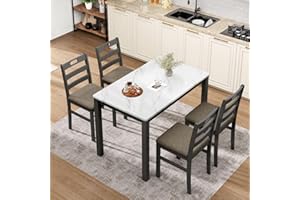 Sophia & William 5 Piece Dining Table Set for 4, Faux Marble Kitchen Table and Chairs Set, Solid Wood Farmhouse Dinner Table Set,Venatino White Marble & Black