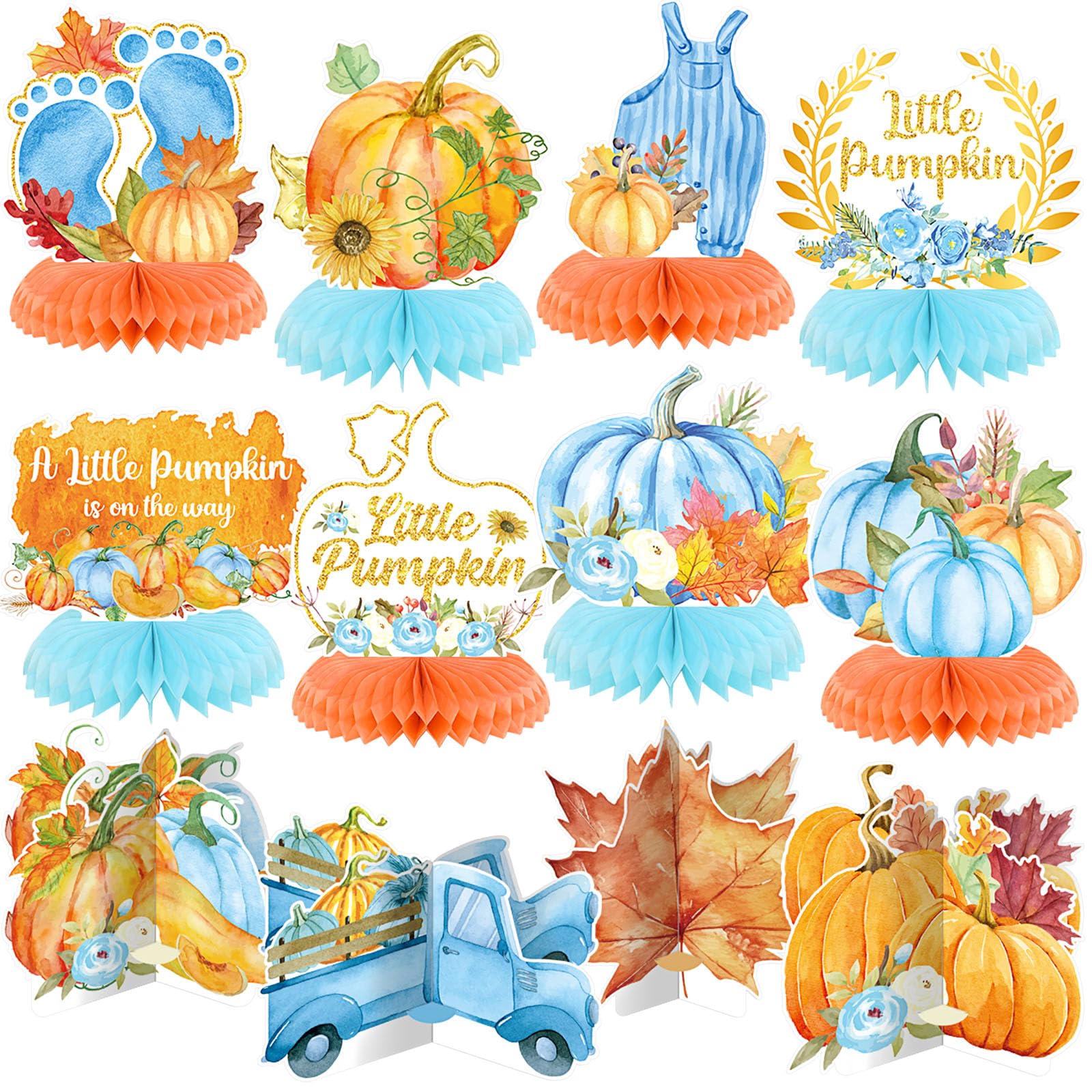 Photo 1 of 12 Pcs Fall Thanksgiving Little Pumpkin Baby Shower Decoration Honeycomb Centerpieces Thanksgiving Autumn Baby Shower Table Decor Maple Truck Little Pumpkin Is on The Way Table Topper for Party Favor
