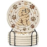 Kokaaee Cup Coasters for Drinks Absorbent - for Coffee Wooden Table Office Home Farmhouse Outdoor Rustic Desk Cup Mat Soft Woven Cloth Braided Fabric Cute Kawaii Dog Coaster Set of 6 with Holder