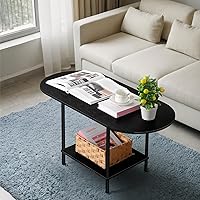 Black Coffee Table for Living Room, 2 Tier Oval Coffee Table, Farmhouse Round Coffee Table with Storage Shelf for Small Space