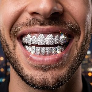Plated Hip Hop Grillz Set Iced Out Bling Vampires Teeth with Silicone Bar Removable Hip Hop Jewelry for Men & Women Party Cos