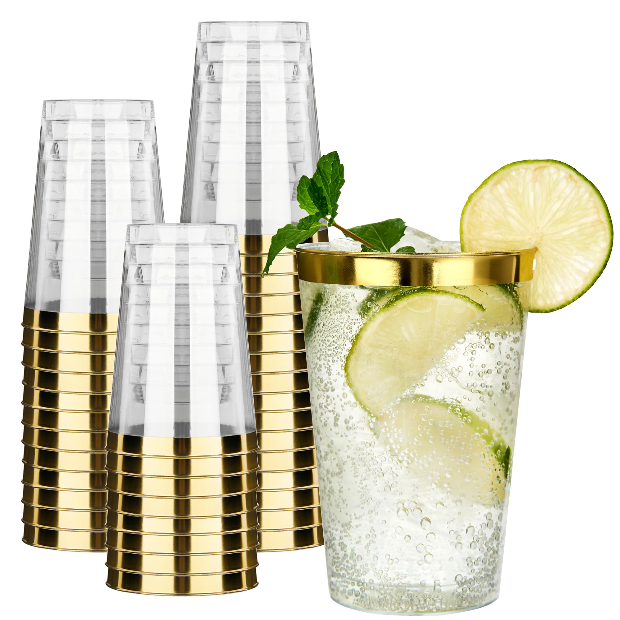 RACETOP 12 oz Gold Rimmed Plastic Cups, 100 Pack Clear Plastic Glasses, Heavy Duty Disposable Glasses, Elegant Gold Rimmed Disposable Hard Cups for Party, Thanksgiving, Birthday and Christmas Image