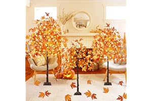 BHCLIGHT 3Pack 4FT 5FT and 6FT 300 LED Artificial Lighted Maple Tree,Timer Function Prelit Fall Decor Maple Tree with Warm White Light for Indoor Outdoor Harvest Halloween Thanksgiving Day