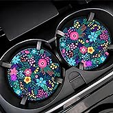 Colorful Flowers and Plants Car Cup Holder Coaster,Car Coasters for Cup Holder,2 Pack Floral Berries Anti-Slip Absorbent Ceramic Car Cup Coasters for Women Men with Finger Notch Cork Base 2.56