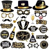 25Pcs New Years Eve Photo Booth Props | 2026 New Years Photo Booth Props with Stick NYE Theme Selfie Props | Gold Glitter New Years Eve Party Supplies