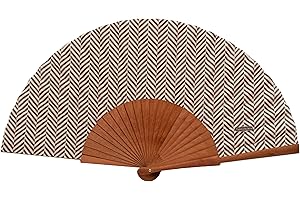 Tusitala Barcelona Wooden and Cotton Fan - 100% Artisan and Spanish - Includes Natural Jute Cover - Handmade Fashion Accessory - Fabrics Collection, Dowel, 23cm