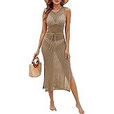 BMJL Womens Swimwear Cover Ups Crochet Hollow Out Long Bathing Suit Coverup Bikini Sleeveless Side Split Beach Dress