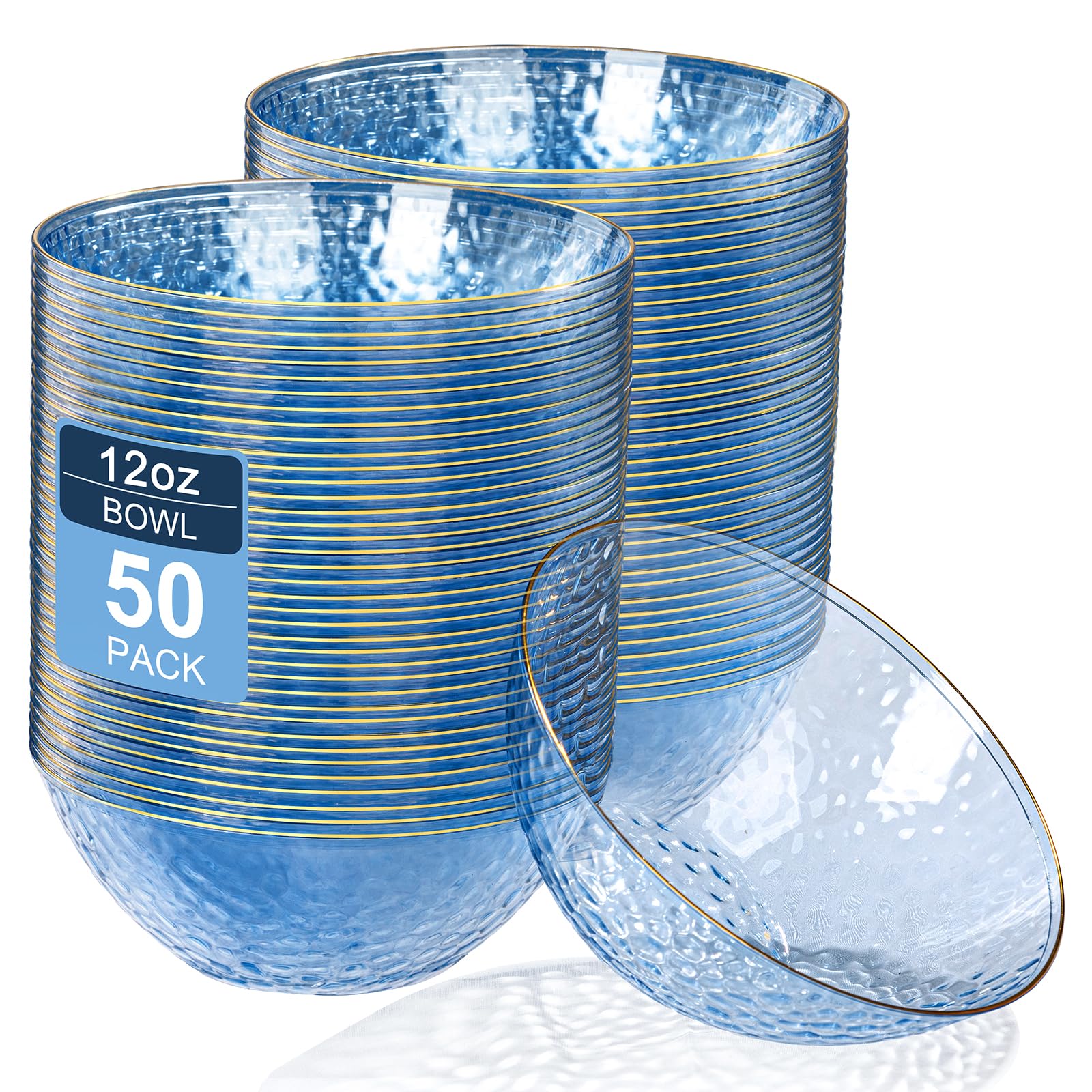 Photo 1 of Rubtlamp 50 Pack Clear Blue Disposable Bowls, Clear Plastic Bowls with Gold Rim, 12-16oz Premium Heavy Duty Plastic Dinner Bowls for Party, Wedding and Holiday
