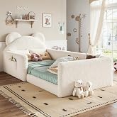KEIKI Twin Teddy Upholstered Bear Floor Bed with Removable Headboard, Beige | Low-to-Ground Floor Bed for Boys and Girls with Padded Guardrails, Soft Upholstery and No Box Spring Required, for Bedroom