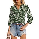 LOMON Womens Tops Dressy 3/4 Length Sleeve Henley V Neck Button Down Shirts Pleated Blouses S-XXL