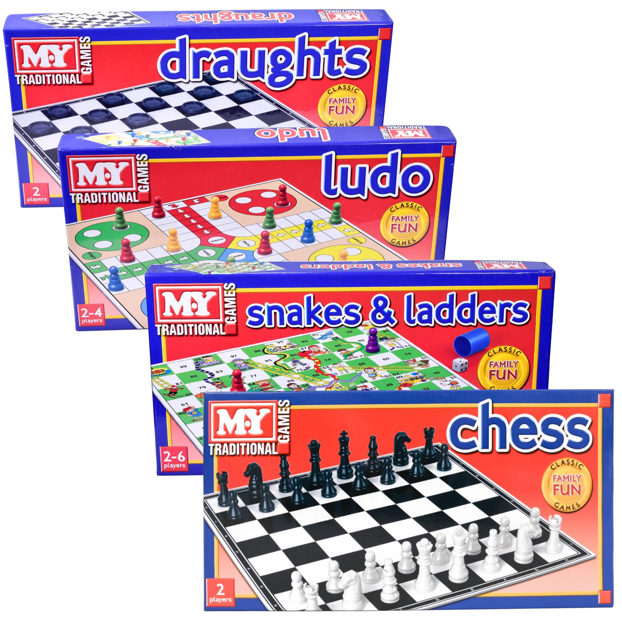 KandyToys M.Y Set of 4 Traditional Board Games | includes Chess; Ludo; Snakes & Ladders and Draughts