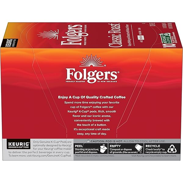 FOLGERS CLASSIC ROAST COFFEE, MEDIUM ROAST, KEURIG K-CUP PODS, 10 COUNT BOX