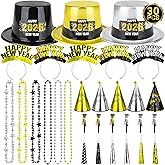30PCS NYE Party Supplies, New Years Eve Party Favors 12 Guests, Plastic New Years Party Hats, 2026 NYE Headband Gold Silver Black Foil Blowouts Star Cone Hat Horns Necklace Gathering