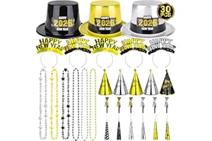 TRAPLACE 30PCS NYE Party Supplies, New Years Eve Party Favors 12 Guests, Plastic New Years Party Hats, 2026 NYE Headband Gold Silver Black Foil Blowouts Star Cone Hat Horns Necklace Gathering