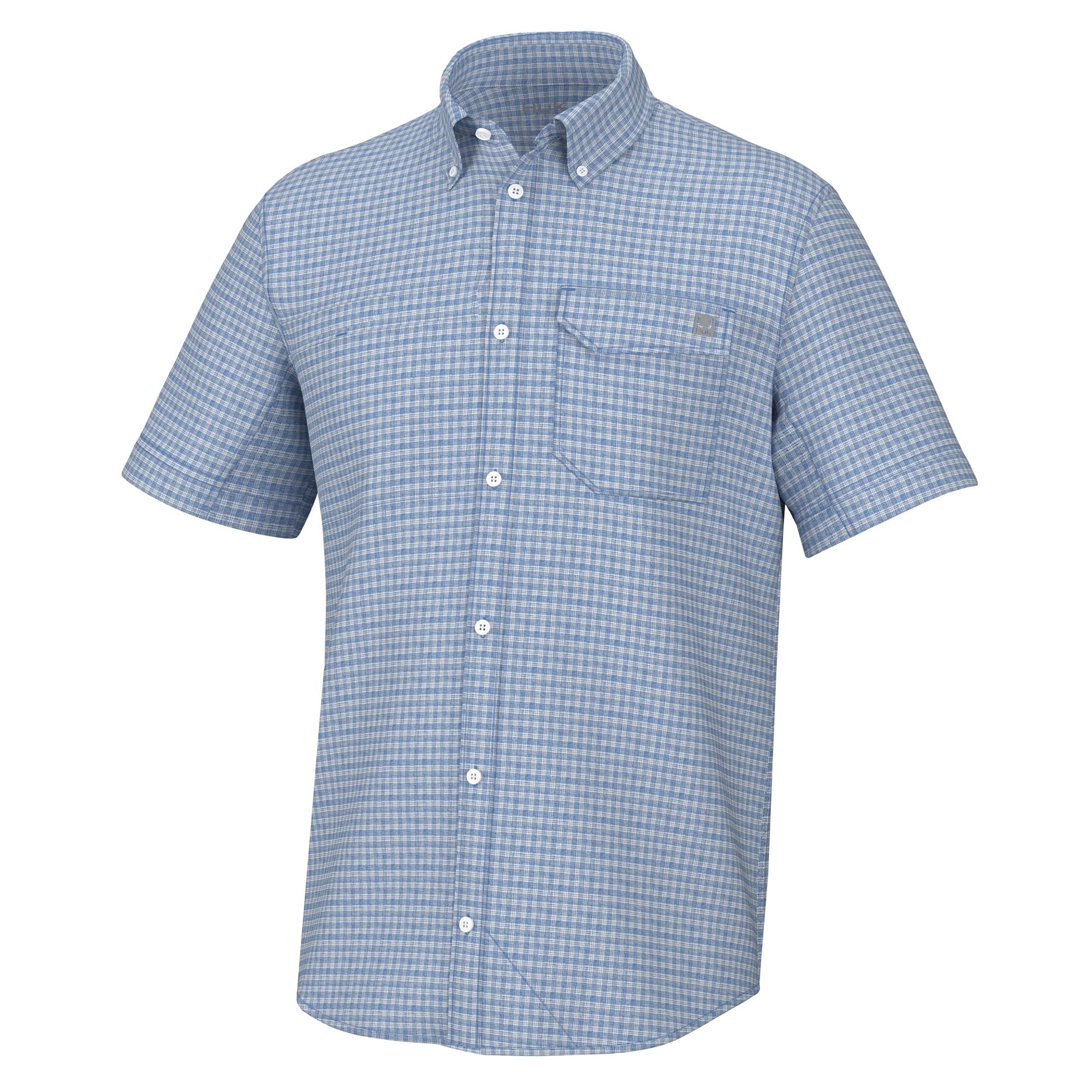 HUK Mens Tide Point Pattern Short Sleeve Shirt, Fishing Button Down, Mini Check – Quiet Harbor, Small