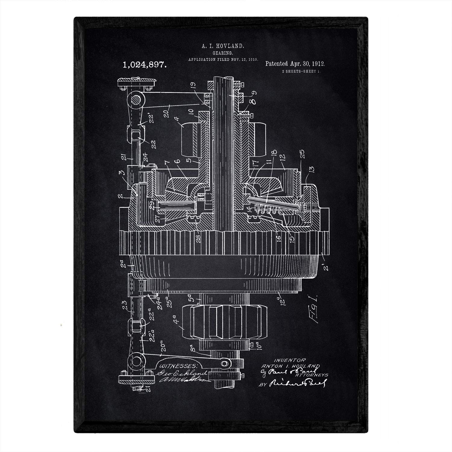 Nacnic Poster Gear patent. Sheet with old design patent A3 size with black background