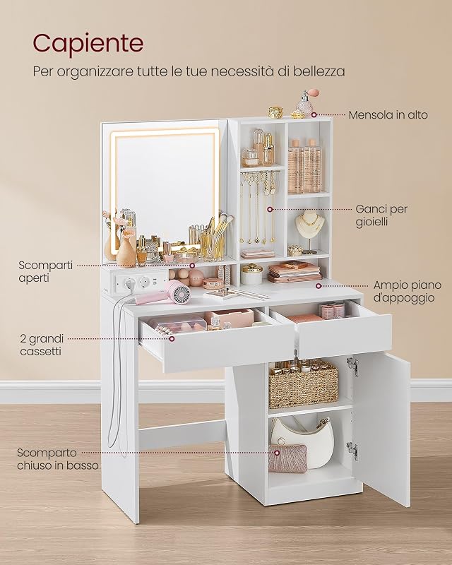KAILYN Collezione - Tavolo da Toeletta con Specchio LED 3 Colori, Stazione di Ricarica Integrata, Cassetti e Portagioie, Largo 90 cm, per Camera da Letto, Bianco Nuvola RDT134WB01