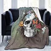 Majoug Flower Sugar Skull Throw - Warm Fleece Throw Blanket for Bedroom, Living Room, Car - 50