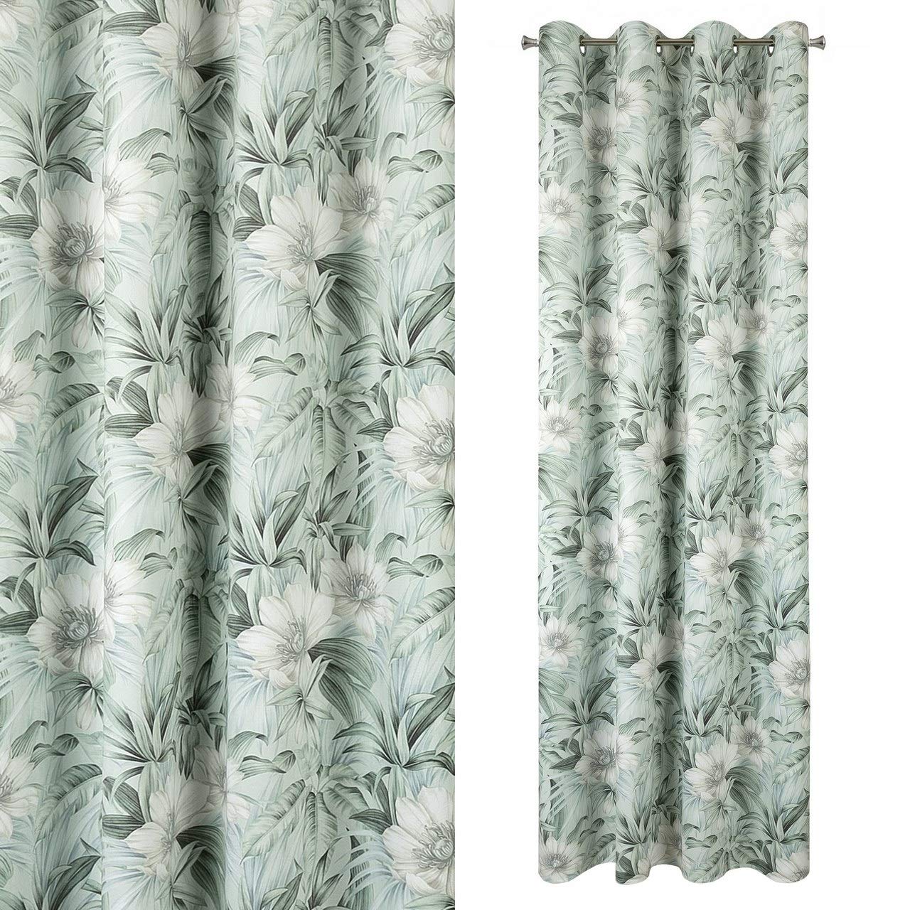 Eurofirany Velvet Curtain with Floral Print Green Tones Eyelets 240 g/m2 140 x 250 cm 1 Piece Soft fluffy modern classic living room bedroom