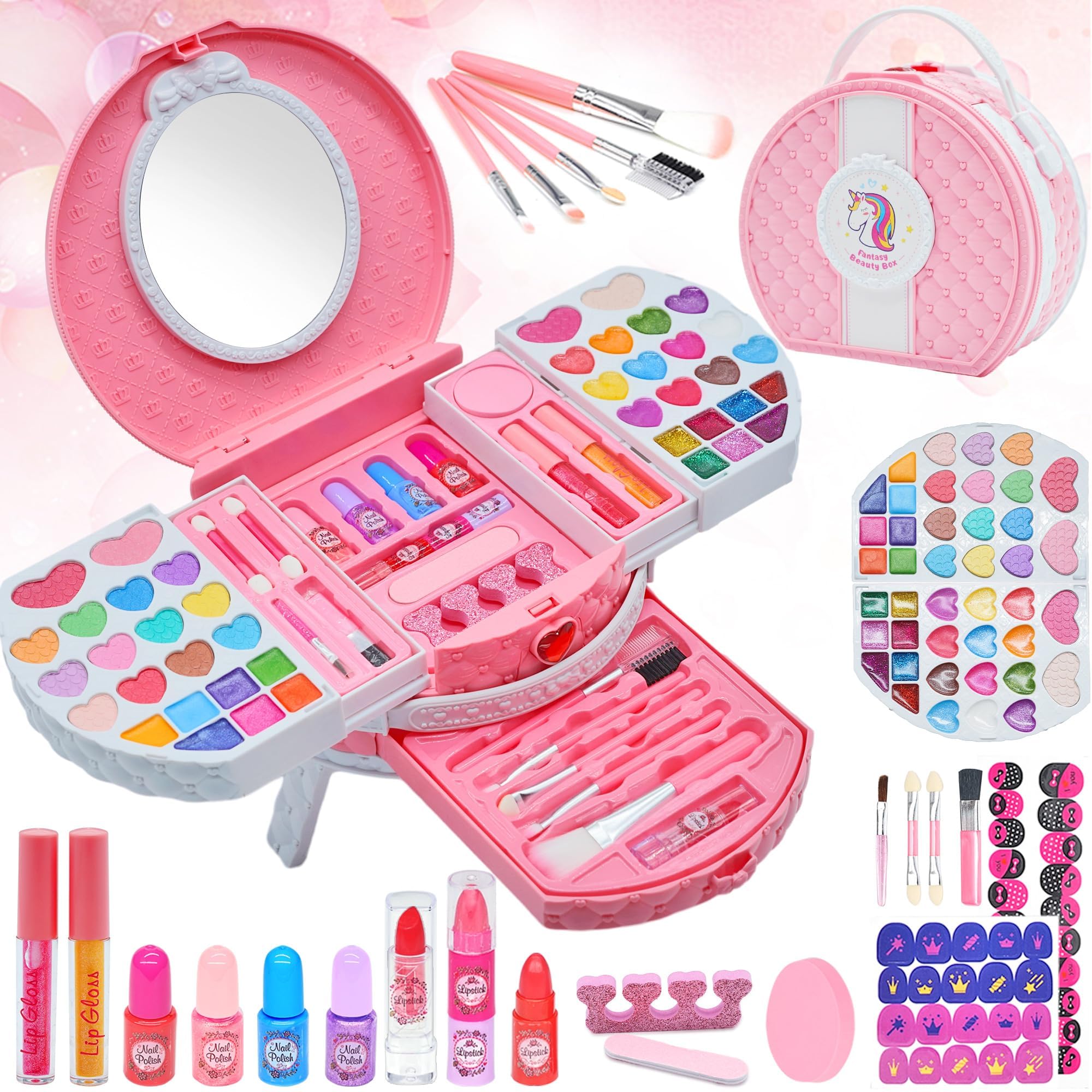 Kids Makeup Sets - Washable & Safe, 66 PCS Girls Make Up Set With Dresser Vanity Case, Toys for 3+ Year Olds, Christmas & Birthday Gifts