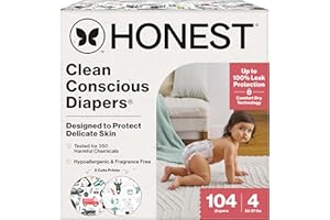 The Honest Company Clean Conscious Diapers for Sensitive Skin | Hypoallergenic, Fragrance Free | Gender Neutral Prints | Super Club Box, Size 4 (22-37 lbs), 104 Count (Prints May Temporarily Vary)