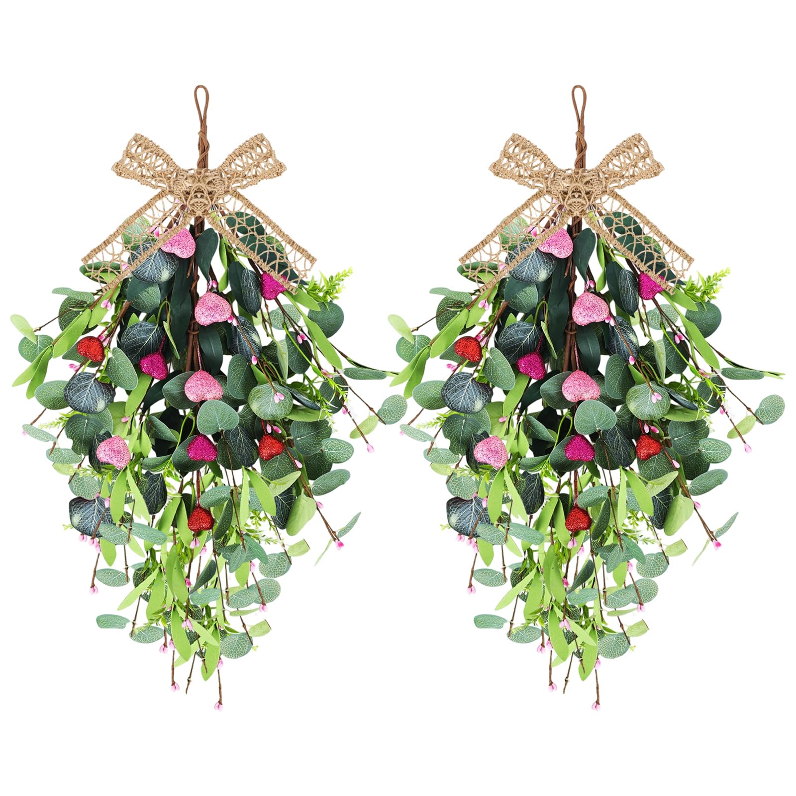 Photo 1 of 2 Pack Valentines Wreaths for Front Door 22'' Valentines Teardrop Swag Pink and Red Hearts with Linen Ribbon for Valentine's Day Anniversary Wedding Decor Eucalyptus Wreath