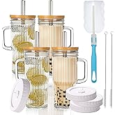 24oz Ribbed Glass Tumbler With Handle,4Pack Glass Cup with Lids and Straws,Reusable Glass Iced Coffee Cups With lids,Mason Jar Cup&Drinking Glasses for Smoothie,Shake,Juice,Soda Water,Tea,Travel Cup