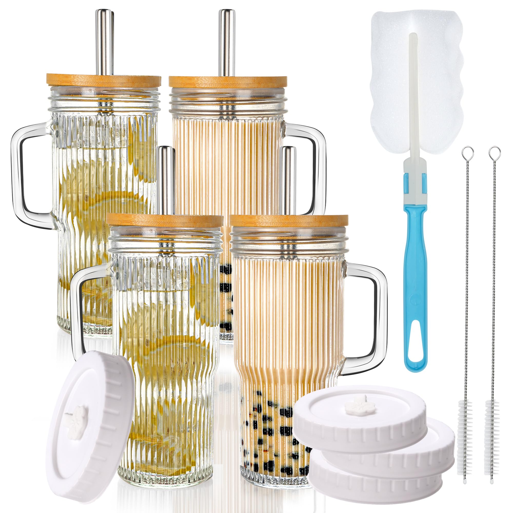 Photo 1 of 24oz Ribbed Glass Tumbler With Handle,4Pack Glass Cup with Lids and Straws,Reusable Glass Iced Coffee Cups With lids,Mason Jar Cup&Drinking Glasses for Smoothie,Shake,Juice,Soda Water,Tea,Travel Cup