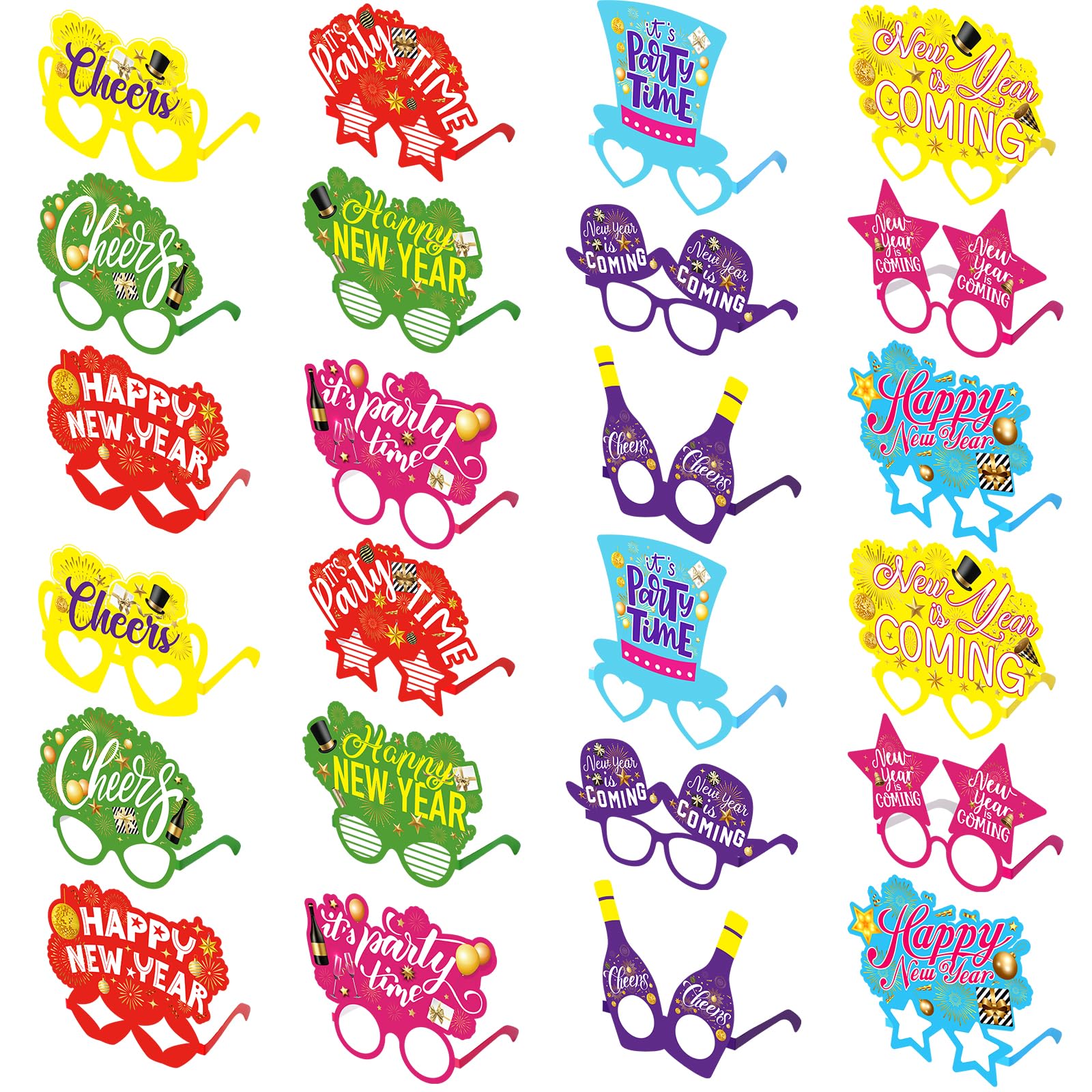 Suilung 24 Pack Happy New Year's Eve Glasses 2026 New Years Party Supplies 2026 Fancy Paper Eyeglasses Eyewear Photo Props Favors Decorations 2026(Colorful,Rainbow Style)