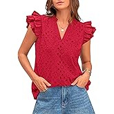BTFBM Spring Summer Tops for Women 2026 Dressy Casual V Neck Ruffle Cap Sleeve Embroidered Eyelet Blouses Resort Wear