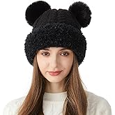 Peicees Knitted Beanie with Fur Pompom for Women Chunky Winter Beanie Hat Warm Fleece Lined Skull Cap Cute