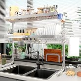 VNKZI Over Sink Dish Drying Rack, 3 Tier Full Stainless Steel Storage Adjustable Length (25.98'' to 36.61'') Kitchen Rack, Multifunctional Expandable Counter Organizer, Space Saver Dish Rack
