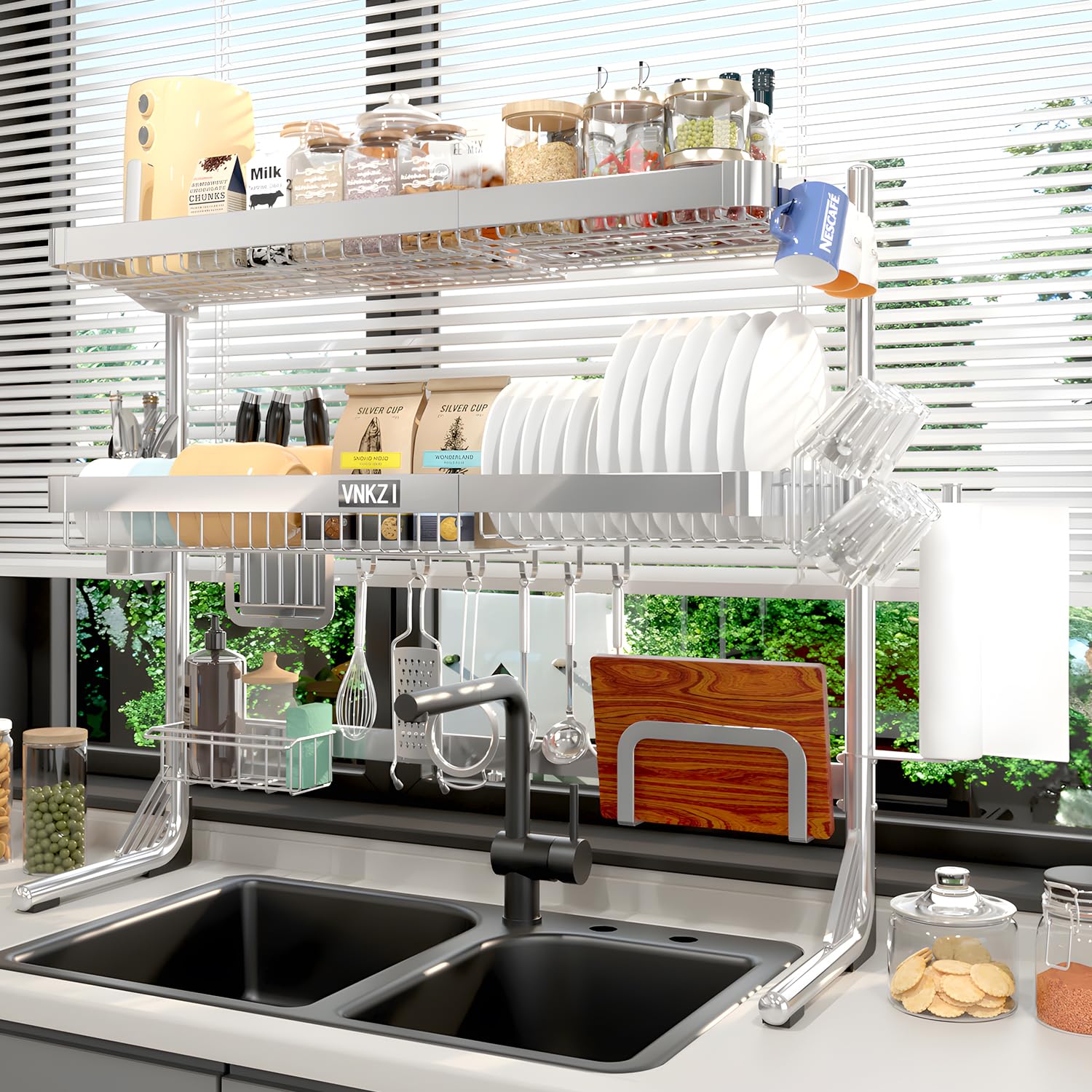 Photo 1 of VNKZI Over Sink Dish Drying Rack, 3 Tier Full Stainless Steel Storage Adjustable Length (25.98'' to 36.61'') Kitchen Rack, Multifunctional Expandable Counter Organizer, Space Saver Dish Rack