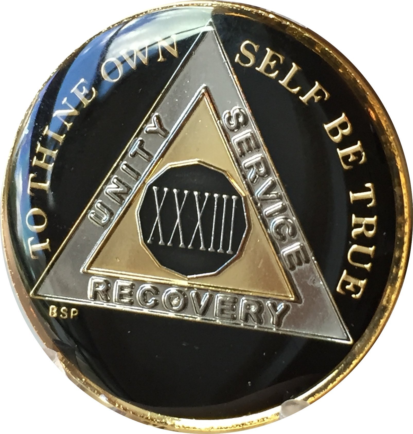 Bright Star Press 33 Year Classic Black AA Alcoholics Anonymous Medallion Chip Tri Plate Gold & Nickel Plated Serenity Prayer