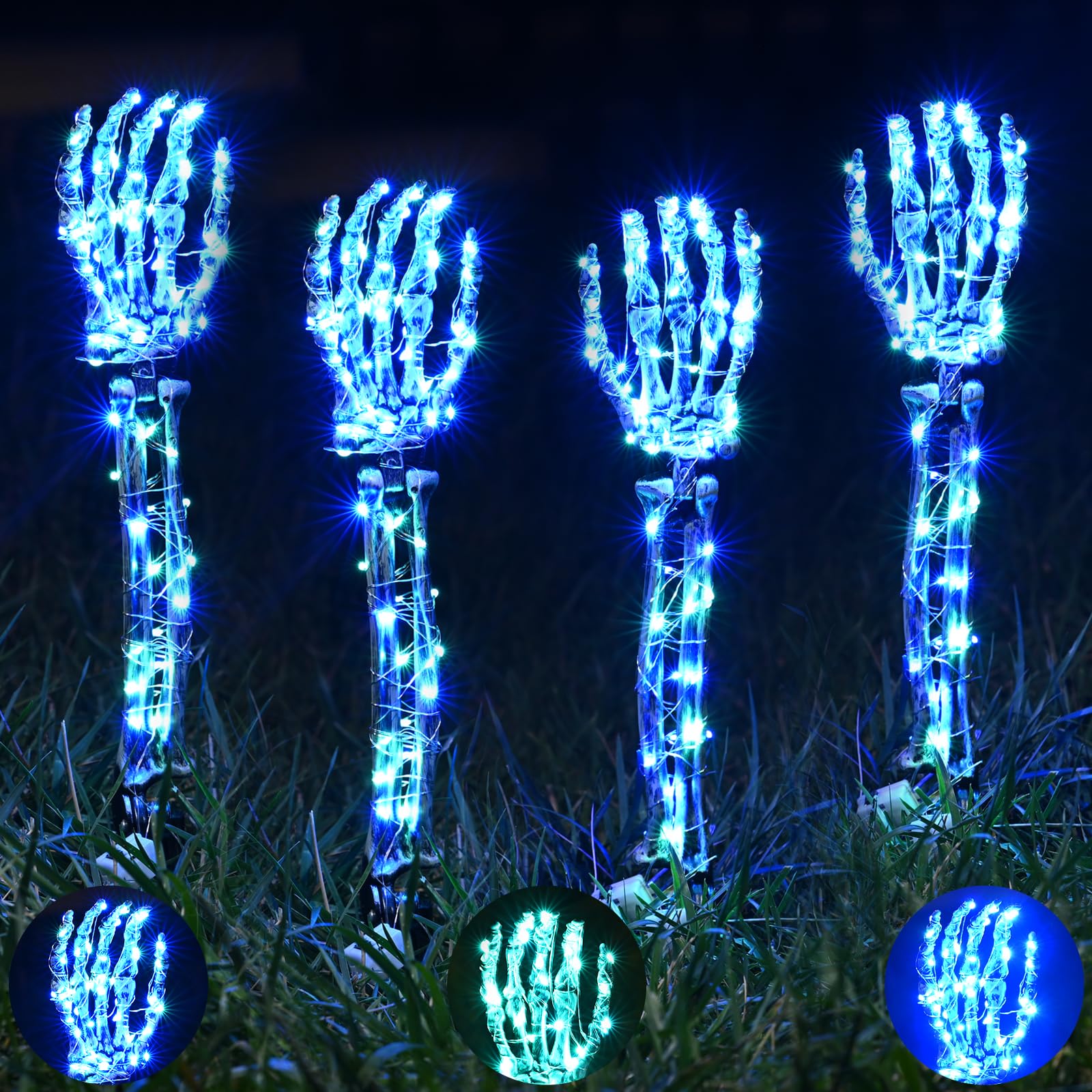 Photo 1 of Halloween Lighted Skeleton Hands Set, Sinranac 4 Pack Light Up Skeleton Arm Stakes, 4 x 3m 240 LED Green & Blue Lights with 3 Modes, Realistic Halloween Yard Outdoor Decorations Graveyard Garden