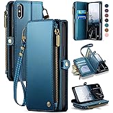 Defencase Compatible with iPhone X/XS Case Wallet with RFID Blocking Card Holder for Women Men, Fashion PU Leather Magnetic Snap Flip Zipper Strap Wallet Phone Case Fit for iPhone Xs & X, Dark Blue
