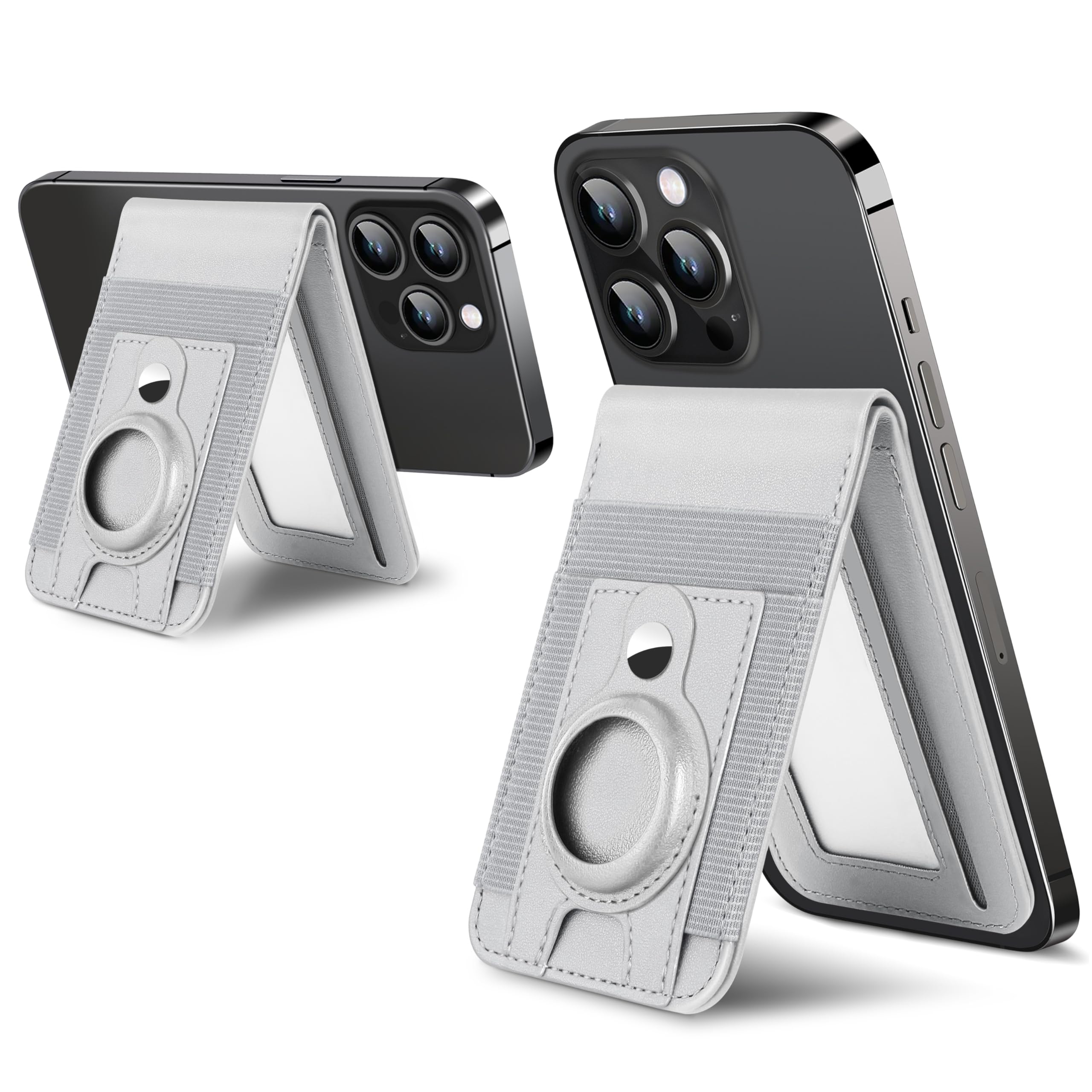 For Magsafe Wallet Stand with Airtag Holder, Strongest Magnetic Wallet for iPhone 17/16/15/14/13/12 Series, ID Window, 4 Card Slots, 10 Cards Holder, Vegan Leather, RFID Blocking, Light Gray Image