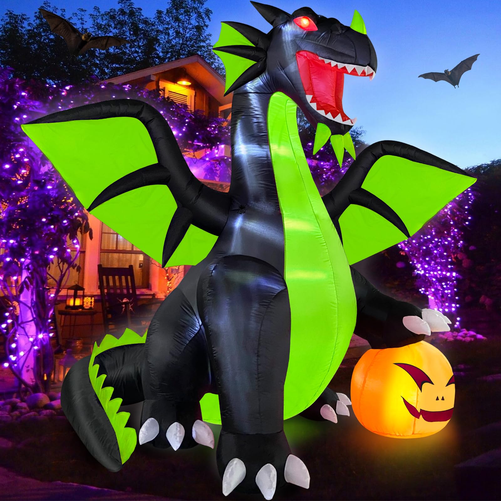 Photo 1 of Danxilu 9FT Halloween Inflatable Outdoor Decoration Blow Up Dominating Green Dragon with Pumpkin Built-in LED Lights Spooky Blowups Yard Decor for Halloween Fun Holiday Party Garden Lawn Decor