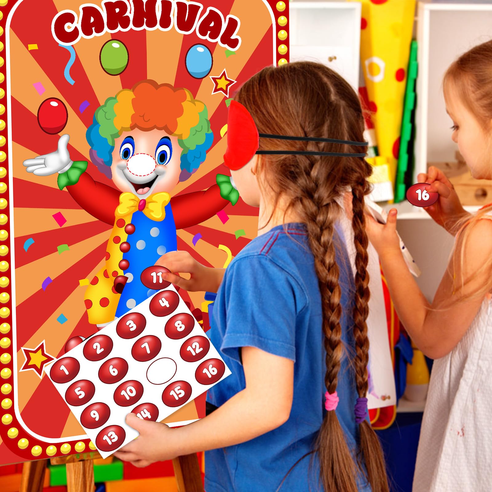 Hxezoc Circus Party Games, Pin The Noses on The Clown With 32 Pcs Nose Stickers, Large Carnival Clown Games Poster for Kids Birthday Party School Classroom Carnival Party Supplies
