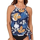 Smismivo Blouson Tankini Tops for Women High Neck Tank Top Bathing Suit Halter Swim Top Padded Swimwear Top Only