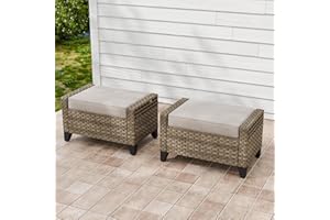 INTER HUT 2 Pieces Modern Outdoor Wicker Patio Footstools, Multipurpose PE Rattan Ottomans Set for Patio with Removable Cushions for Poolside, Backyard and Balcony, Brown/Gray