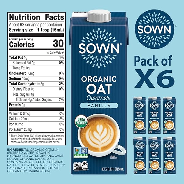 SOWN ORGANIC OAT CREAMER VANILLA – BARISTA OAT MILK NON DAIRY COFFEE CREAMER – PLANT BASED, DAIRY-FREE, VEGAN, GLUTEN-FREE, NON-GMO, SHELF STABLE – 32OZ (PACK OF 6)