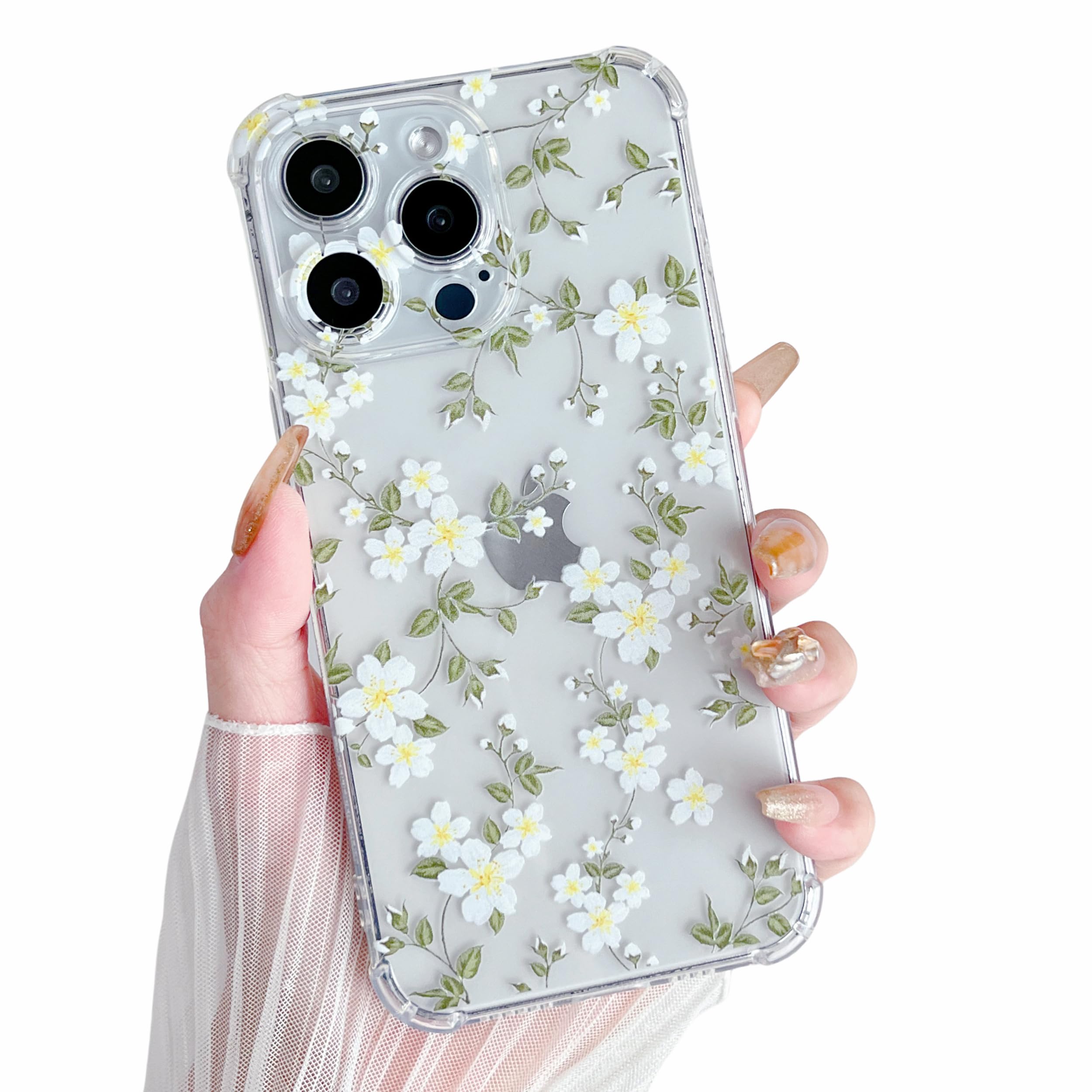 ZTOFERA Case for iPhone 16 Pro, Transparent Clear Soft TPU Case with Flower Pattern, Ultra Slim Anti-scratch Silicone Gel Protective Bumper Cover for iPhone 16 Pro (6.3") - Big White Flower