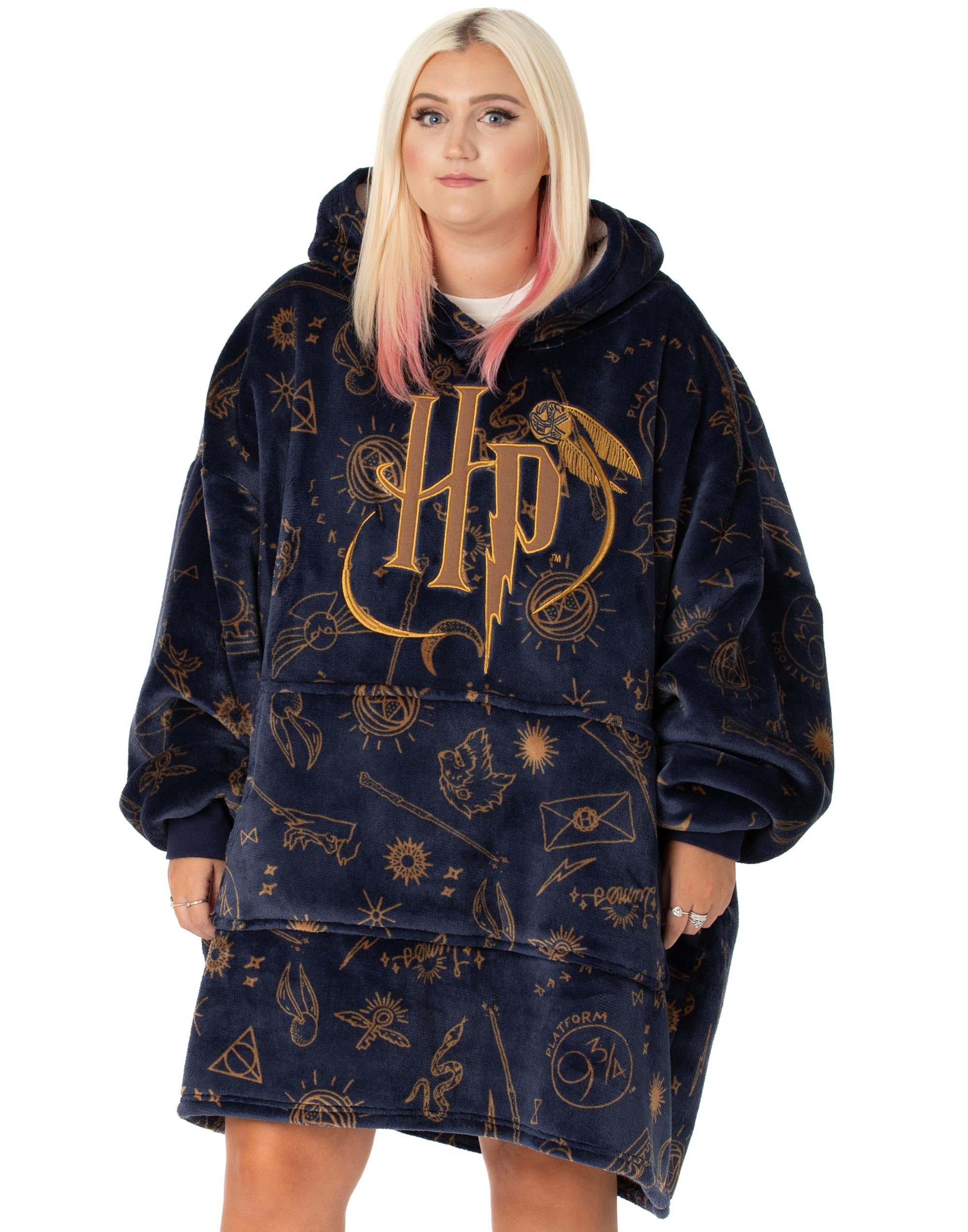 Harry Potter Womens Wearable Blanket Hoodie | Adults Gray Hooded Pullover with Hogwarts Graphic All Over Print | One Size Sherpa Lined Loungewear with Pockets | Classic Wizard Movie Merchandise Gift