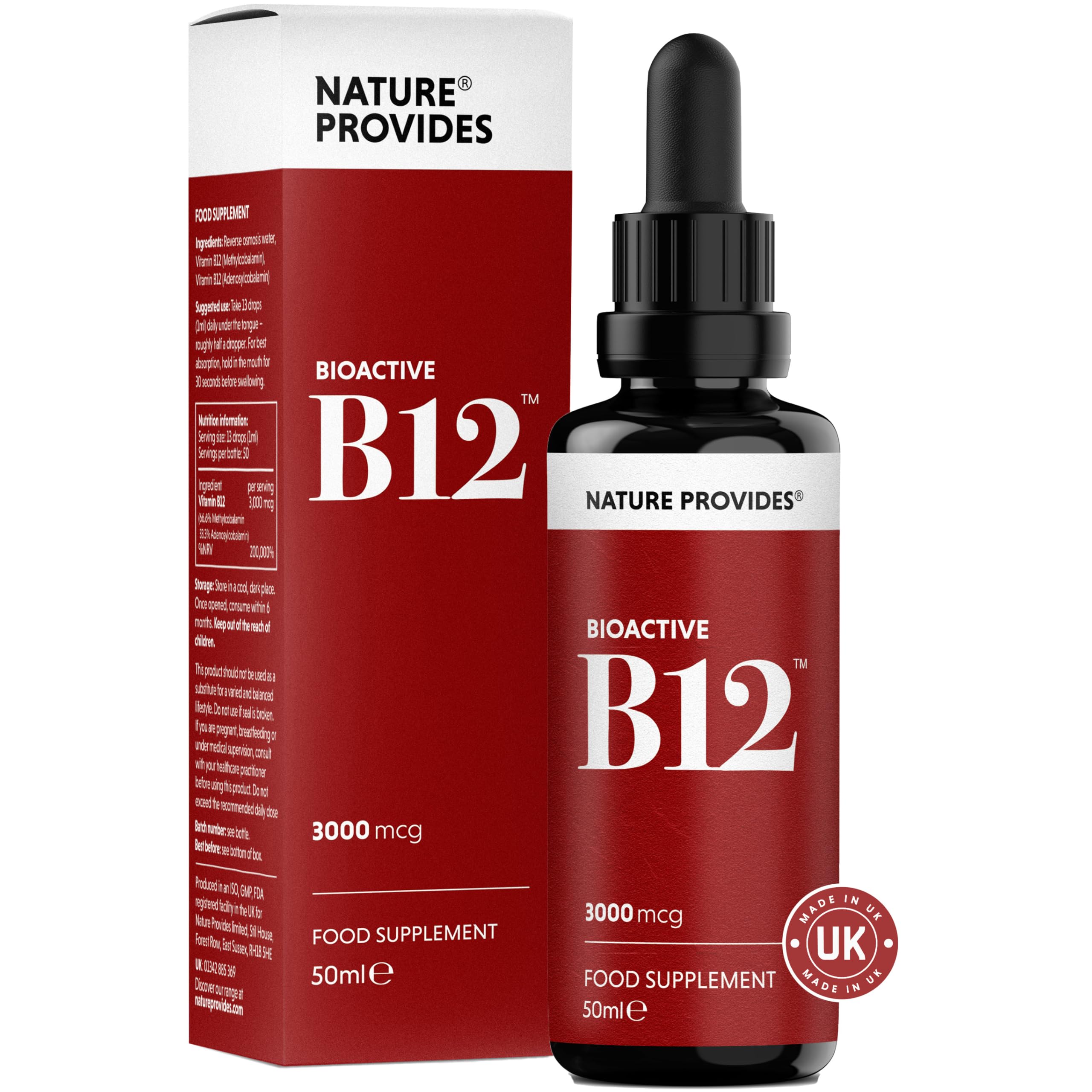Vitamin B12 Liquid Drops (3000 mcg) Made in UK by Nature Provides - Methylcobalamin + Adenosylcobalamin (50ml), High Strength, Bioactive, Vegan, Energy & Sleep Support, Sublingual, Like B12 injections