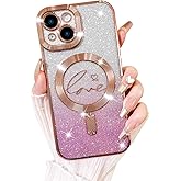 Fiyart Designed for iPhone 15 Plus Case,Compatible with MagSafe Love Heart Plating Camera Protection TPU Magnetic Glitter for Women Girls Shockproof Phone Bumper 6.7"-Pink